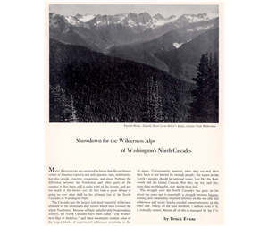 Magazine clipping shows snow-capped peaks and forest above the title heading Showdown for the Wilderness Alps of Washington's North Cascades.